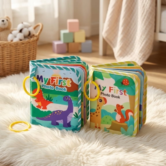 Soft Cloth Baby Photo Album 2-Pack, Holds 17 Pcs 4x6 Pictures with Safe Mirror & Detachable Hook, Baby Shower Gift