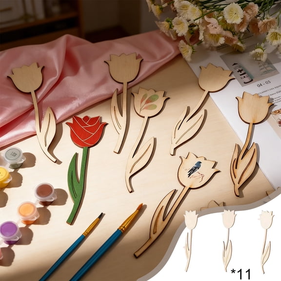 33Pcs Unfinished Wooden Flower Cutouts, Rose Tulip Wood Chips, Paintable DIY Craft Kit for Decor, Precise-Cut Wood Blanks for Spring Crafts, Wedding Decor, Gift Tags and Wall Art