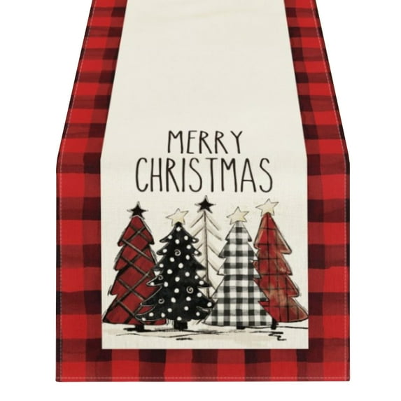 33X183Cm Plaid Christmas Tree Table Runner, Linen Material With Secure Seams, Seasonal Winter Holiday Decor For Kitchen Dining Room Indoor Outdoor
