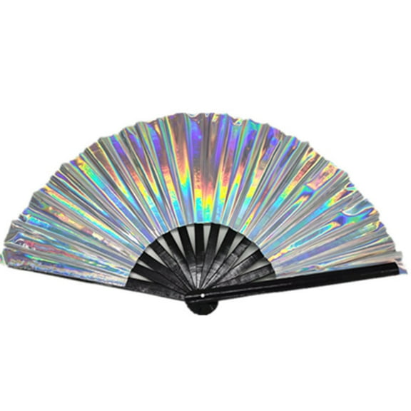 33cm/13in Kung Fu Folding Hand Fan, Large Glitter Holographic Dance Fan, Iridescent Metal Folding Fan, Performance Applause Fan, Colorful Hand Fan