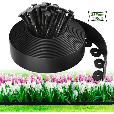 Landscape Edging Kit 33FT 1.5in Tall with 50 Spikes, No-Dig Plastic Flexible Edge Border for Landscaping, Lawn, Garden, Flower Beds, Yard, Black,1pack 33ft