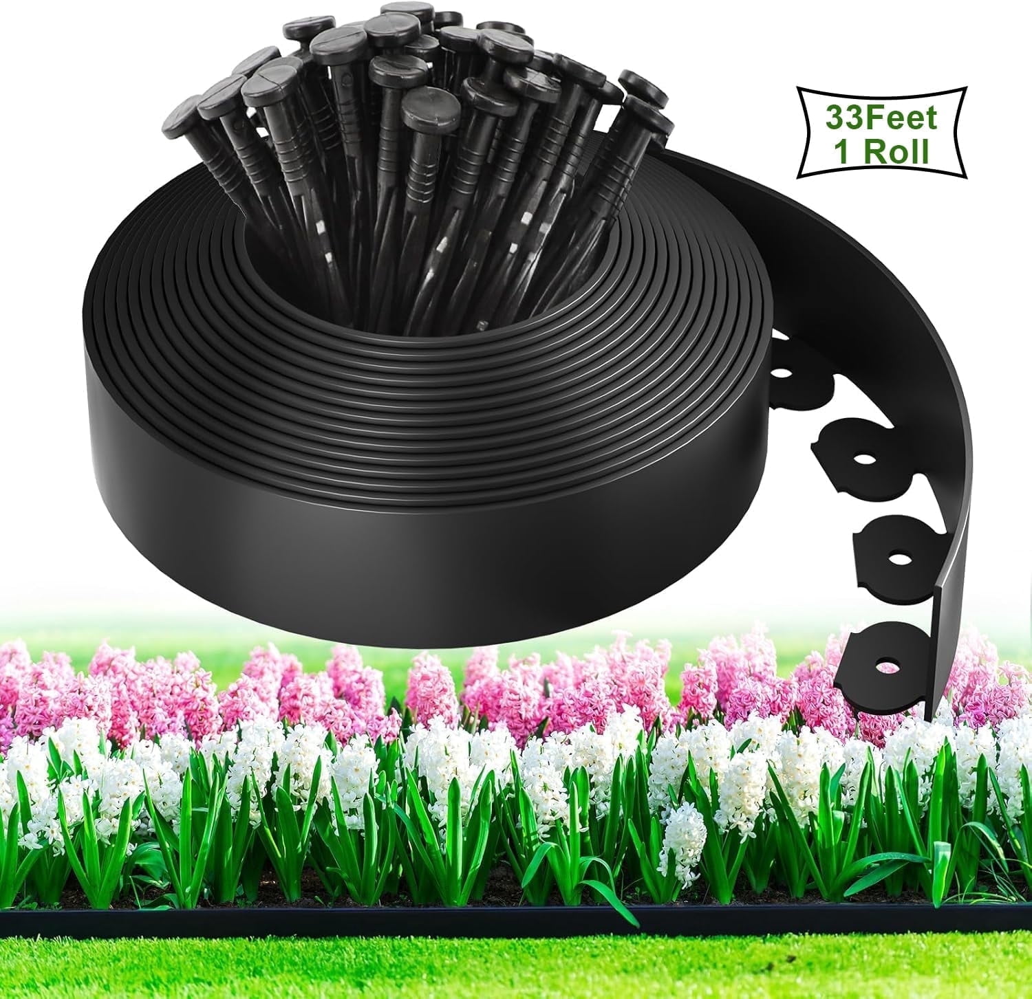 Landscape Edging Kit 33FT 1.5in Tall with 50 Spikes, No-Dig Plastic Flexible Edge Border for Landscaping, Lawn, Garden, Flower Beds, Yard, Black,1pack 33ft