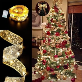33ft 100 LED Christmas Tree Ribbon Lights - Battery Operated Copper Wire String Lights with 8 Modes for Indoor Holiday Party Wedding Decorations (Warm White/Gold)
