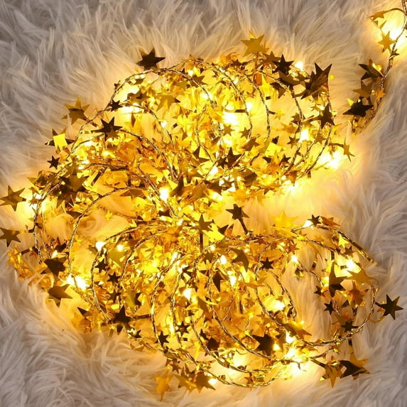 33ft 100 LED Gold Star Tinsel Garlands String Lights, Battery Operated Star Wire Garland Lights for Xmas Tree Home Wedding Party Festive Decoration (Warm White Light)