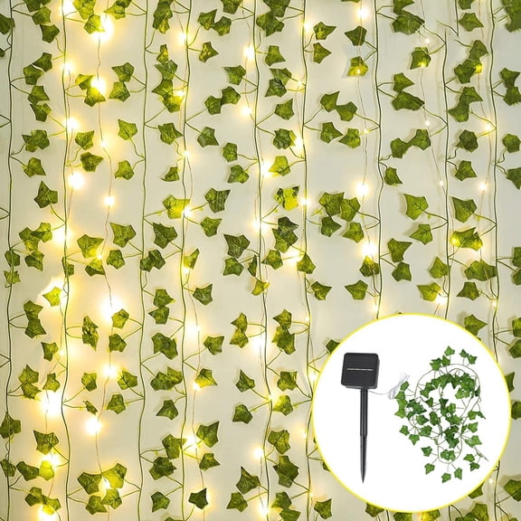 33ft 100 LED Solar String Lights, Outdoor Garden Artificial Ivy Green Leaf Garland String for Garden Courtyard Holiday Christmas Decoration