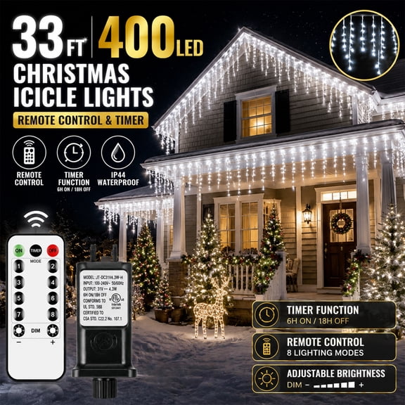 33ft 400 LED Christmas Icicle Lights, White Outdoor String Lights with Remote & Timer, 8 Modes Hanging Eaves Lights for Roof, Porch, Yard, Holiday Decorations