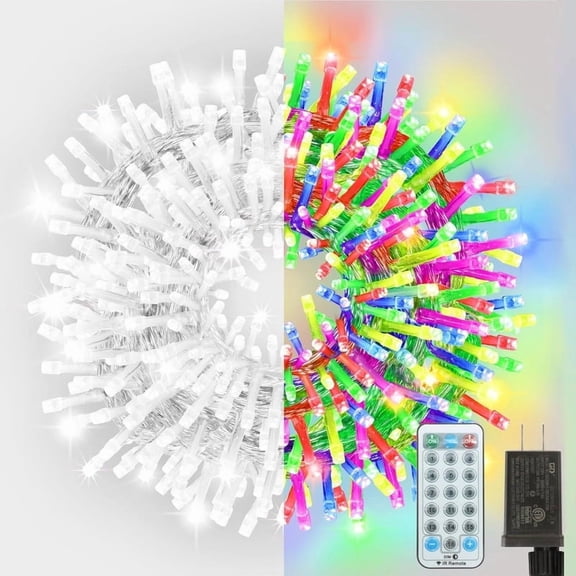33ft Christmas Decorative Mini Lights, 100 LED Transparent Wire Fairy Starry String Lights Plug in, 12 Lighting Modes, for Indoor Outdoor Xmas Tree Wedding Party Decoration (White+Multicolor)