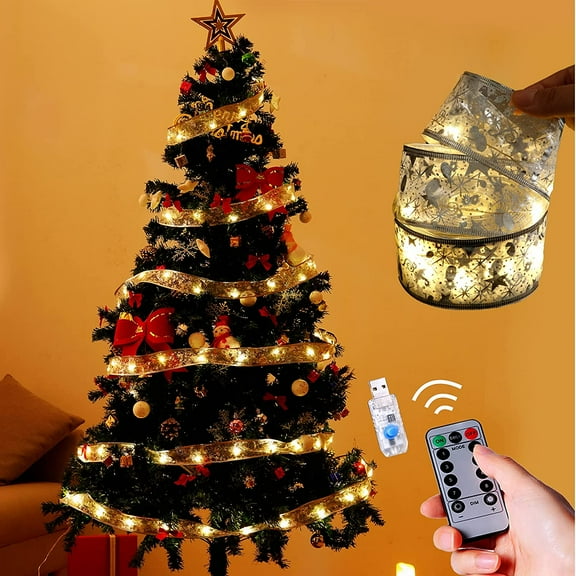 33ft Christmas Ribbon Lights,100 LED Christmas Lights with Remote Control USB Powered Double Layer Copper Wire Ribbon Bows Fairy Strings Lights for Wedding New Year Christmas Tree Decorations
