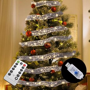 33ft Christmas Ribbon Lights, 100 LED Fairy Strings Lights USB Plug in, 8 Modes, Remote Control, for Home Garden Christmas Tree Indoor Decorations