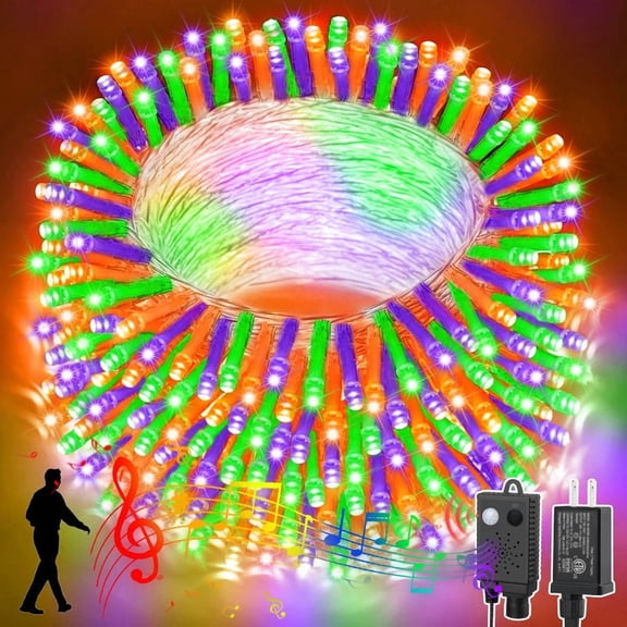 33ft Halloween Mini Lights, 100 LED Purple Orange Green Starry String Lights, Plug-in Music Fairy Lights with 11 Lighting Modes, Clear Wire, for Halloween Tree, Wedding & Party Decoration