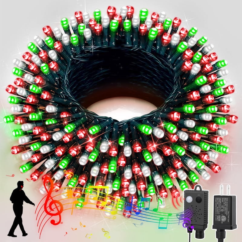 33ft Music Christmas Mini Lights with Motion Sensor Controller,100 LED Fairy Starry String Light Plug in for Indoor Outdoor Xmas Tree Wedding Party Decoration (Red Green White)