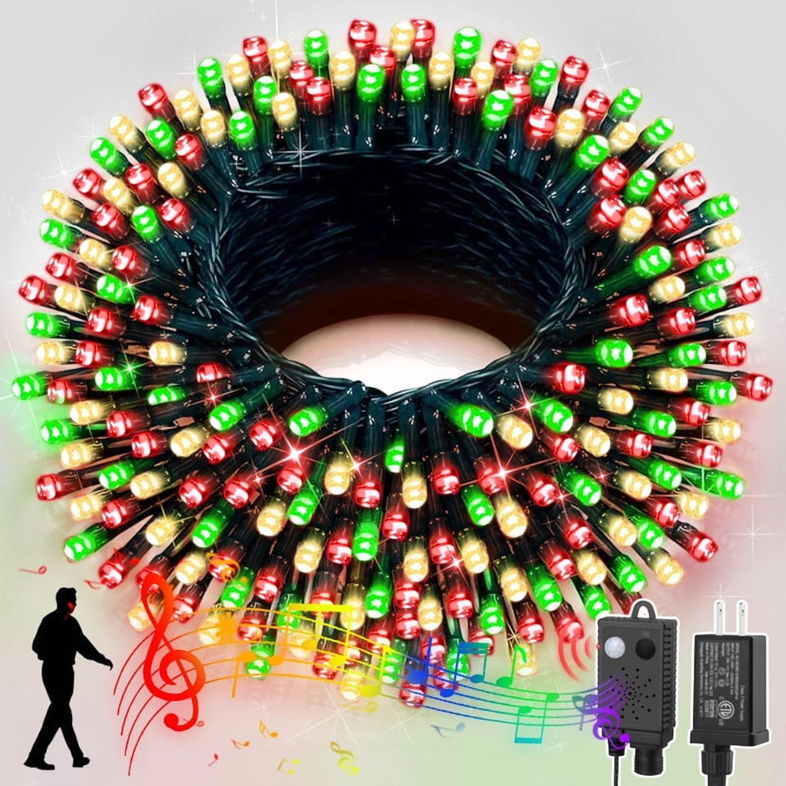 33ft Music Christmas Mini Lights with Motion Sensor Controller,100 LED Fairy Starry String Light Plug in for Indoor Outdoor Xmas Tree Wedding Party Decoration (Red Green Warm)