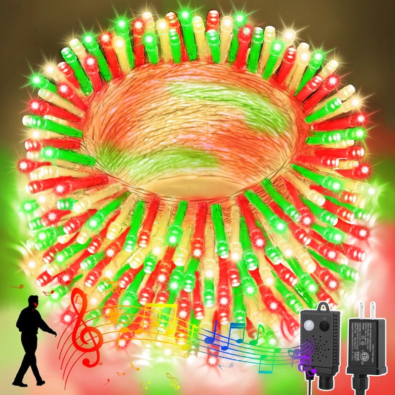 33ft Music Christmas Mini Lights with Motion Sensor Controller,100 LED Fairy Starry String Light Plug in for Indoor Outdoor Xmas Tree Wedding Party Decoration (Red Green Warm)