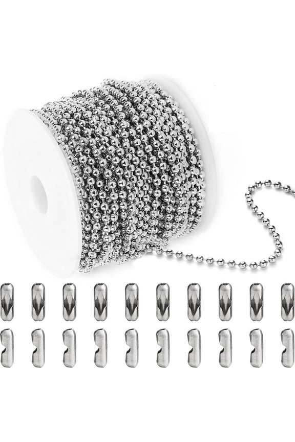 33ft Stainless Steel Bead Chain, with 20 Clasp Connectors for ID Tags Jewelry Making 1 Pack