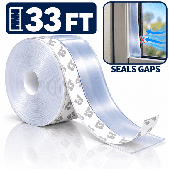 33ft Window Sealing Strip, Self Adhesive Weather Stripping 35mm Width, Silicone Door Bottom Seal Strip Tape for Gaps of House Glass Shower Window and Door Weatherproof Soundproof, Transparent