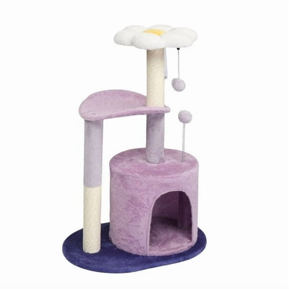33in Cat Tree, Multi-level Cat Tower with Cat Scratching Post with Curved Perch, Cozy Cat Condo, Padded Top Bed for Kittens and Indoor Cats, Purple