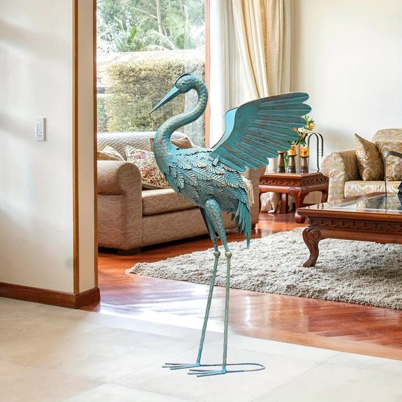 House of Avana Blue Metal Crane Garden Sculpture Elegant Decor