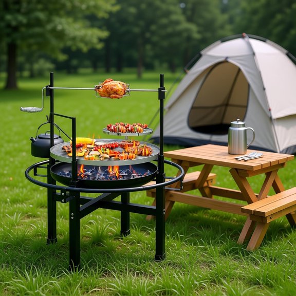 33in Round Charcoal Grill Portable Outdoor BBQ Iron Construction Chrome Plated Grate Temperature Control Loop Handle Camping Stove Heavy Duty for Backyard Picnic Patio Tailgating Road Trip Black