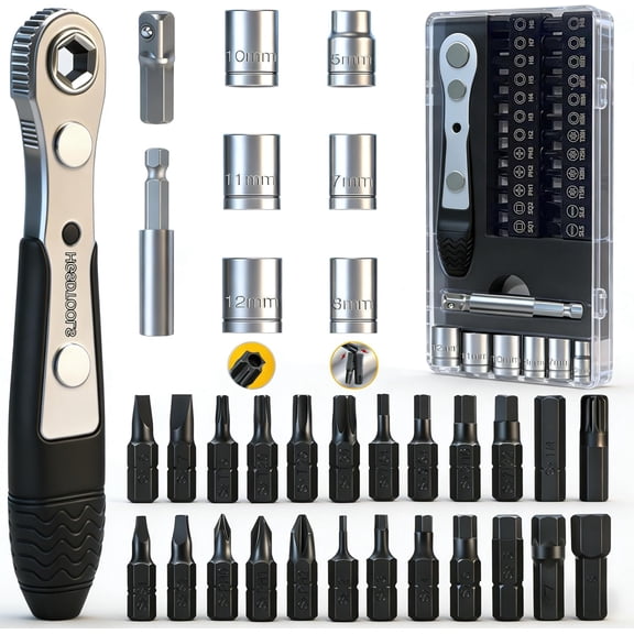 33in1 Right Angle Screwdriver Set 1/4 Mini Ratchet Wrench S2 Magnetic 1/4 Bits 90 Degree Offset Screwdriver Metric/SAE Allen Bits Dedicated to Small Spaces Home&Outdoor Portable Tools