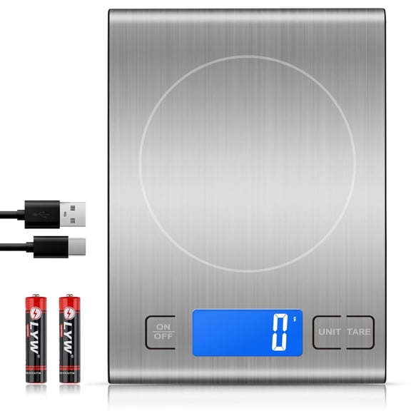 33lb Rechargeable Food Scale, 304 Stainless Steel Digital Kitchen 7.5 * 5.5 in Weight Grams and Ounces for Baking, Cooking, 5 Units with Tare Function, L Display, 2 AAA Batteries