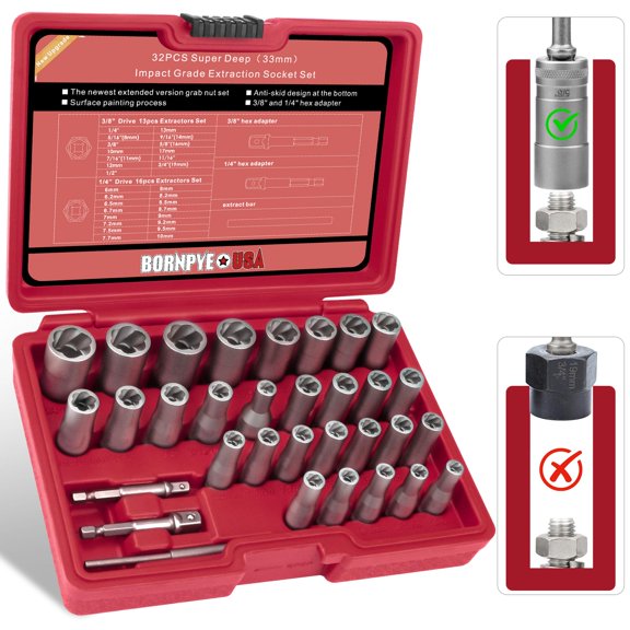33mm Deep Reach Bolt Extractor Kit, with 3/8, 1/4 Inch Adapter, Ez Out Deep Broken Lug Nut Removal Socket Set, Easy-Out Spark Plug Remover Tool, for Stripped Rusted Bolts, Stud, Nuts Screw (32-Pieces
