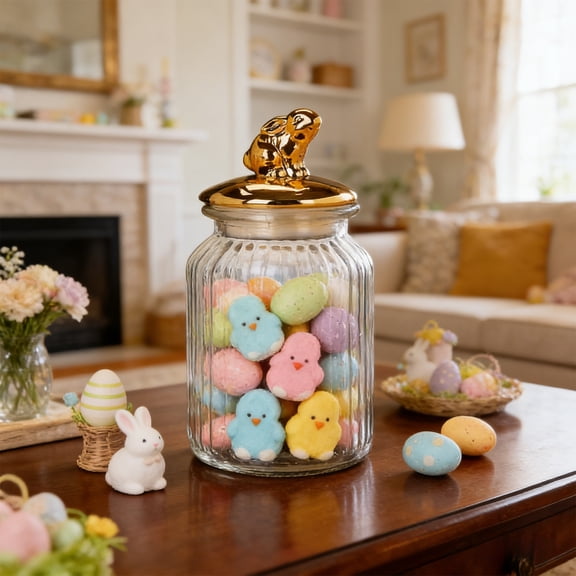 33oz Easter Glass Jar with Vintage Gold Bunny Clear Candy Jar Decorative Rabbit Food Storage Canister with Airtight Ceramic Lid for Easter Party Tea Cookie Table Decoration