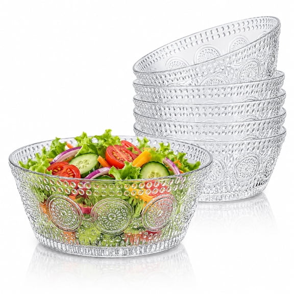 QUANSHANGJU 33oz Embossed Glass Serving Bowls Set of 6, Glass Salad & Oat Bowls, Dishwasher Safe