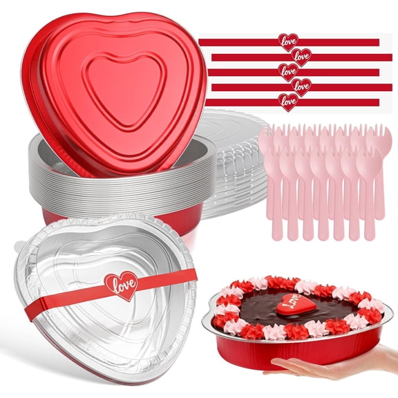 33oz Heart Shaped Cake Pans with Lids and Spoons,15pcs Aluminum Foil Disposable Heart Baking Cups,Cupcake Liners Tins Containers for Parties, Weddings