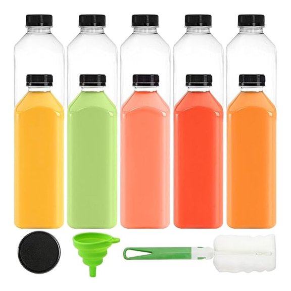 33oz Plastic Juice Bottles 10 Pack - Reusable PET Containers with Lids for Beverages, Smoothies, Salad Dressing - Leakproof, BPA-Free - Clear, 33oz Capacity