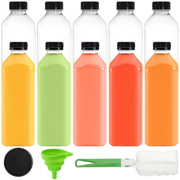 33oz Plastic Juice Bottles With Black Tamper Caps 10 Pack, Reusable Clear Beverage Containers