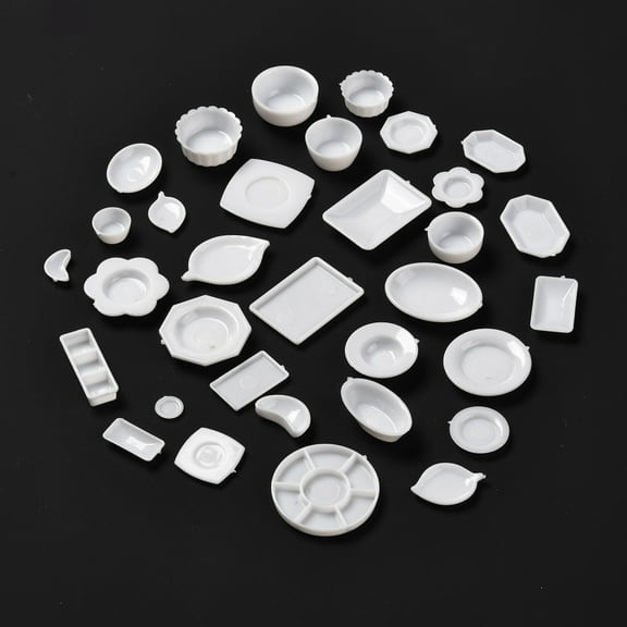 33pcs DIY Plastic Miniature Tableware Plate Dishes set for Kitchen Toys White 10~35x10~28x2~10mm 33pcs/set