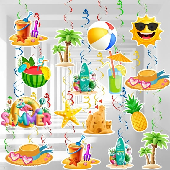 33pcs Summer Pool Party Hanging Swirls, Beach Hanging Decorations Banner Foil Ceiling Hanging Swirls Streams for Luau Hawaii Celebrating Birthday Summer Pool Beach Party Decorations Room Wall Decor