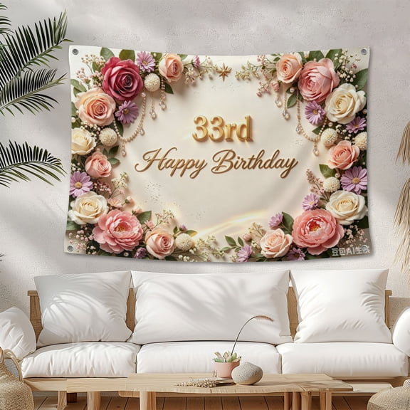 33rd Birthday Banner Decorations for Women Pink Roses Floral Happy 33rd Birthday Banner Backdrop Sign for 33 Years Old Anniversary Party Home Wall Outdoor Indoor Photo Booth Background Supplies