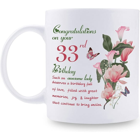 33rd Birthday Gifts for Women - Congratulations on Your 33rd Birthday Awesome Lady Mug - 33rd Birthday Gifts for Wife Mom Friend Sister Aunt Coworker - 11oz Coffee Mug