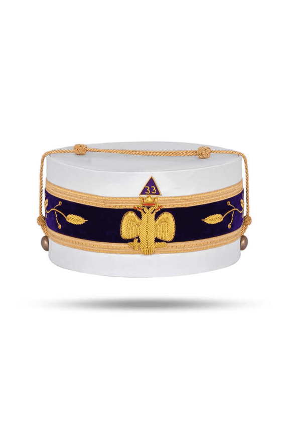 33rd Degree Scottish Rite Crown Cap - Wings Down, Hand Embroidered with Gold Bullion, White Silk with Purple Velvet Band