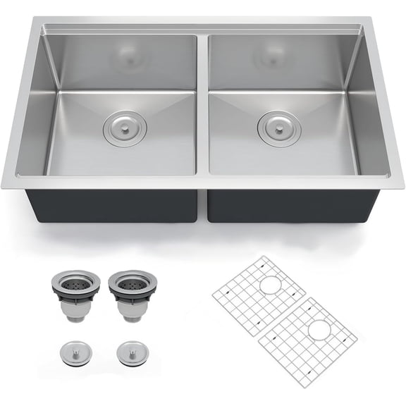 33x19 In Undermount Double Bowl Kitchen Sink 10 In Deep 16 Gauge 304 Stainless Steel Workstation Sink with Bottom Grid and Drain