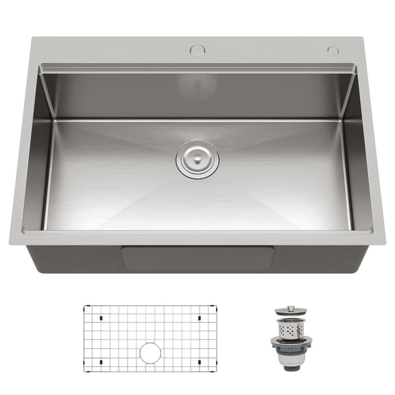 33x19 Inch Undermount Kitchen Sink, Single Bowl with Drainboard Design, 16 Gauge 304 Stainless Steel Construction, 10 Inch Deep, Includes Bottom Grid and Drain Assembly