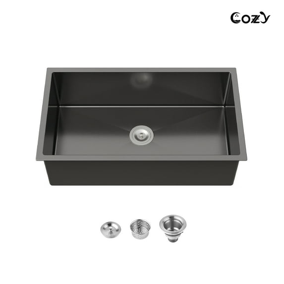 33x19 inch Black Stainless Steel Single Bowl Undermount Kitchen Sink with US Standard Drain and Hook, Model SS-BL04D-331912