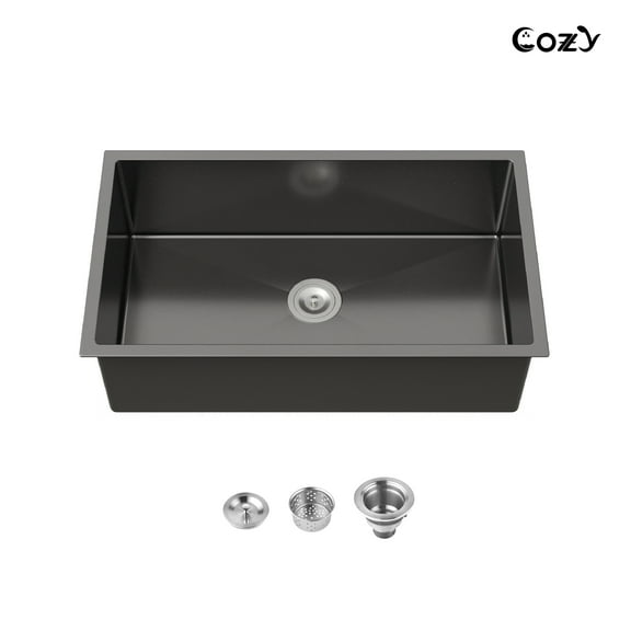 33x19 inch Black Stainless Steel Single Bowl Undermount Kitchen Sink with US Standard Drain and Hook, Model SS-BL04D-331912
