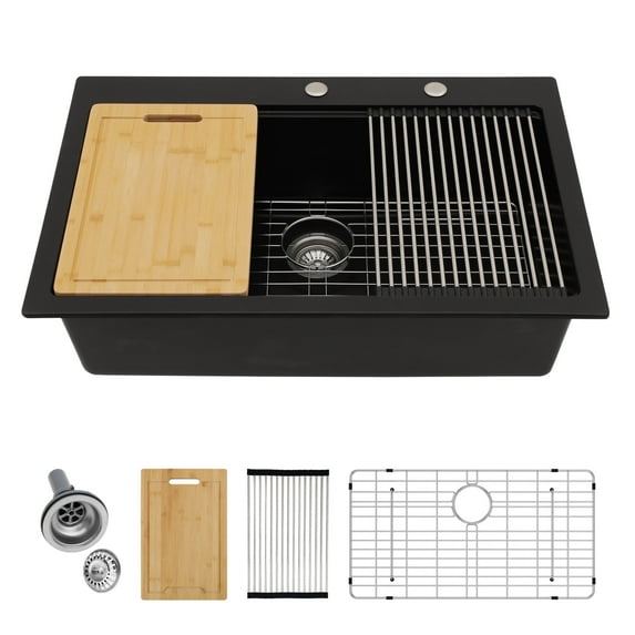 33x22 Inch Black Quartz Composite Workstation Kitchen Sink Drop-in Top-Mount Single Bowl Sink with 2 Faucet Holes