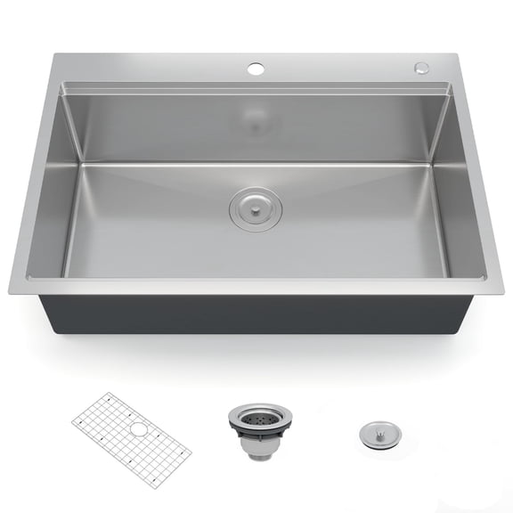 33x22 Inch Drop-in Kitchen Sink, Single Bowl with Drainboard Design, 16 Gauge 304 Stainless Steel Construction, 10 Inch Deep, Includes Bottom Grid and Drain Assembly
