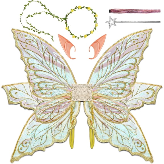 33x25 Inch Iridescent Fairy Wings for Women, Glitter Butterfly Wings Costume Set for Halloween Party