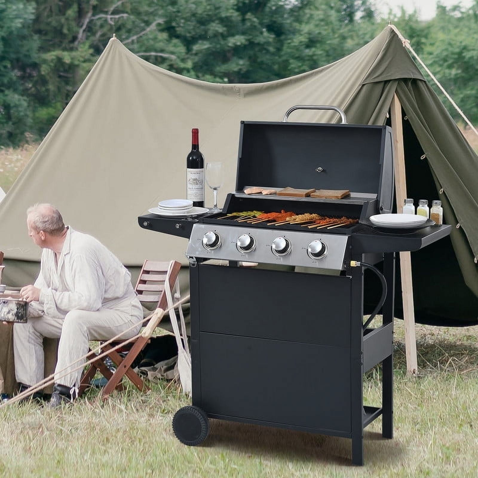 34,000 BTU Propane Gas Grill 4 Burner BBQ Grill, Stainless Steel Patio Garden Barbecue Grill with Two Shelves, Lid, Wheels and Bottle Opener