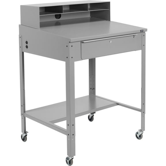 34-1/2"W x 30"D x 38"H Mobile Shop Desk with Pigeonhole Compartment Riser Sloped Surface, Gray