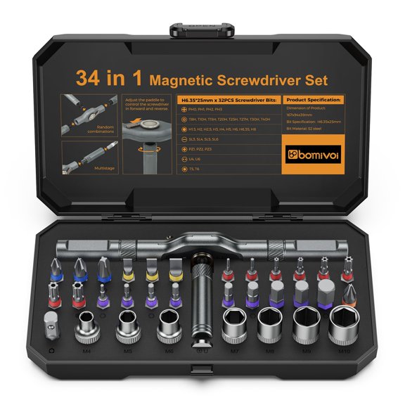 34 in 1 Magnetic Screwdriver Set, Ratcheting Screwdriver Set with 1/4 Socket Adapter, 24 Bits & 7 Hex Sockets, Modular Handle, DIY Tool Kit for Furniture, Appliance, Bicycle, Auto Repairs