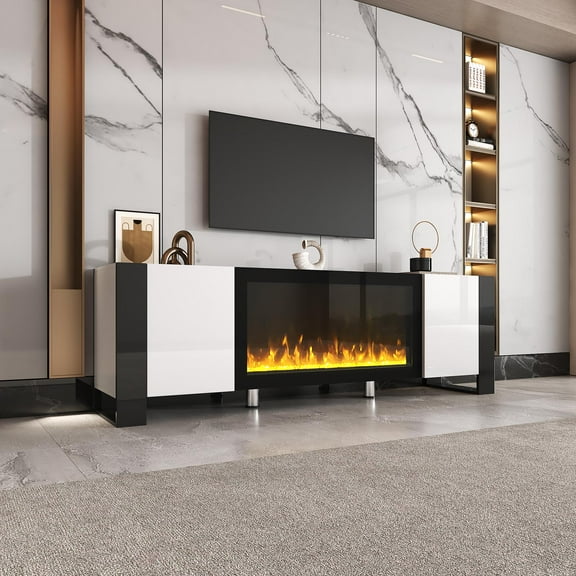 34.2" Electric Fireplace Black Media Console with Ample Storage Modern Style Safety Features Included, White