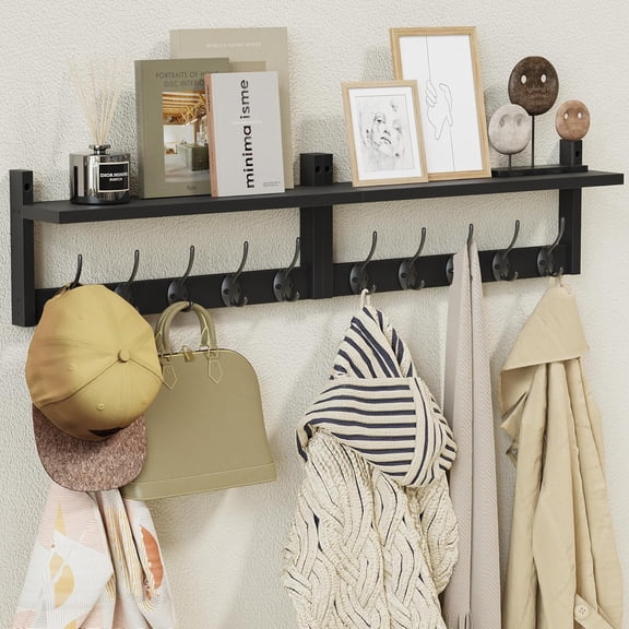34.2" Extra Long Wooden Wall Hook Rack with Shelf - Versatile and Decorative Wall-Mounted Storage with 10 Hooks for Coats, Hats, Keys, Scarves - Ideal for Entryways, Bedrooms, Closets (Black)