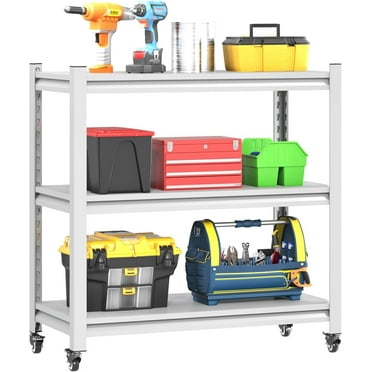 34.2''H Garage Shelving,Workbench on Wheels, Adjustable Heavy Duty Work Table with Wheels, Heavy Duty Workstation, Metal Tool Work Bench for Garage Warehouse Workshop, Assembly Required-White