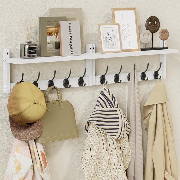 34.2" L Wooden Wall Coat Hooks with Shelf - Versatile and Decorative Wall-Mounted Storage - 10 Hooks for Hanging Coats, Hats, Keys, Bags, Scarves - Ideal for Entryways, Bedrooms, Closets(White)