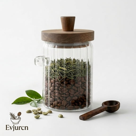 34/20oz Glass Kitchen Storage Jar with Wooden Lid and Spoon, Airtight Food Container for Coffee, Tea, Spices, Sugar, Grain